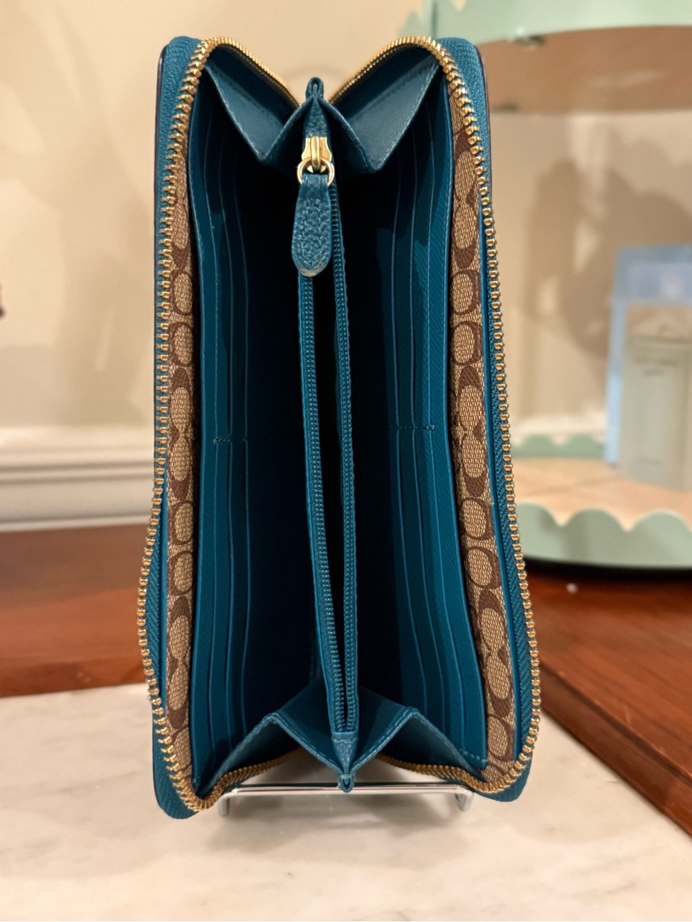 Coach Teal Pebbled Leather Zip Wallet with Front Card Slot